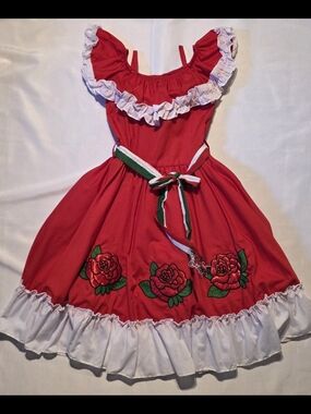 Mexican Dress for Girls Folkloric Traditional Off-Shoulder Red Ruffle Embroidery